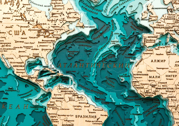 Карта деревянная многослойная "Карта мира №6 в проекции Миллера" на заказ
