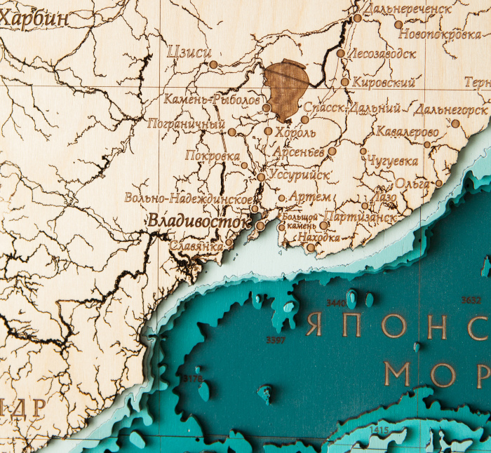 Wooden multi-layered "Map of the Northwestern Pacific Ocean" to order