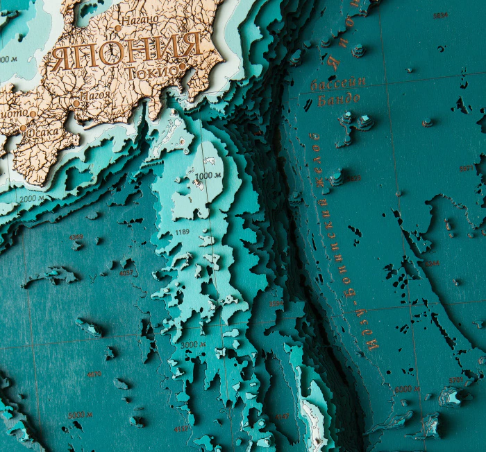 Wooden multi-layered "Map of the Northwestern Pacific Ocean" to order