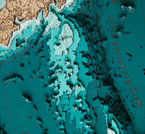 Wooden multi-layered "Map of the Northwestern Pacific Ocean" to order