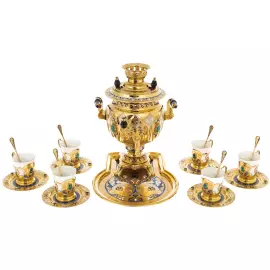Tea set with samovar "Russian feast" for 6 persons, with malachite, Zlatoust