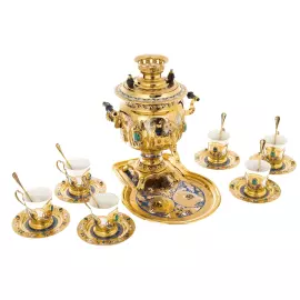 Tea set with samovar "Russian feast" for 6 persons, with malachite, Zlatoust