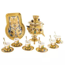 Tea set with samovar "Russian feast" for 6 persons, with malachite, Zlatoust
