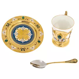 Tea set with samovar "Russian feast" for 6 persons, with malachite, Zlatoust