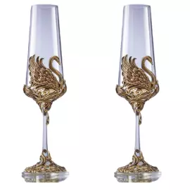 Champagne set "Swans" for 2 persons, in a wooden box