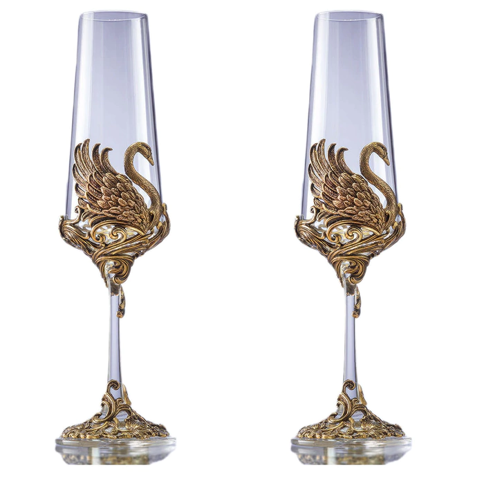 Champagne set "Swans" for 2 persons, in a wooden box