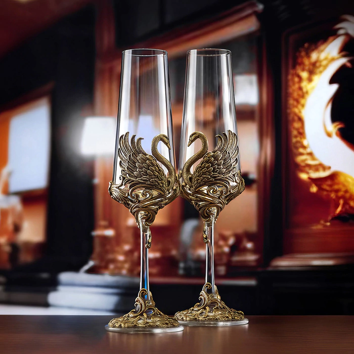 Champagne set "Swans" for 2 persons, in a wooden box