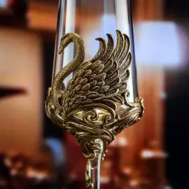 Champagne set "Swans" for 2 persons, in a wooden box