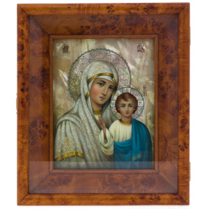 The icon of the Virgin of Kazan wedding with stained glass enamels