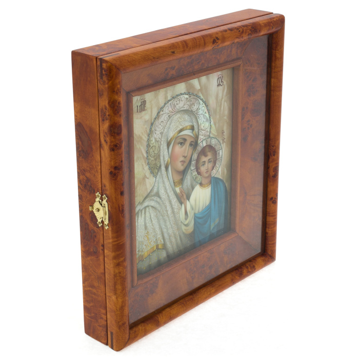 The icon of the Virgin of Kazan wedding with stained glass enamels