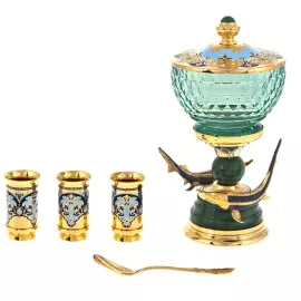 Икорница со стопками "Дары моря" эмаль, нефрит, Златоуст