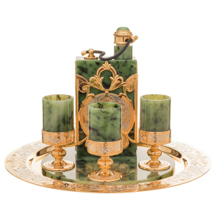 Jade vodka set with a Royal flask for 3 persons, Zlatoust