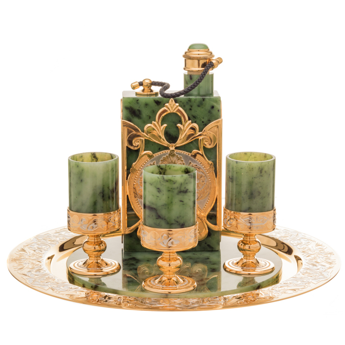 Jade vodka set with a Royal flask for 3 persons, Zlatoust