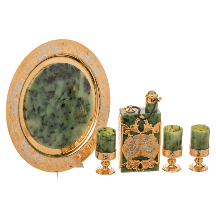 Jade vodka set with a Royal flask for 3 persons, Zlatoust
