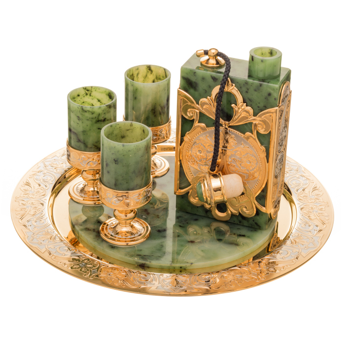Jade vodka set with a Royal flask for 3 persons, Zlatoust