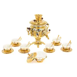 Чайный набор с самоваром "Русская традиция" на 6 персон, лазурит, эмаль, Златоуст