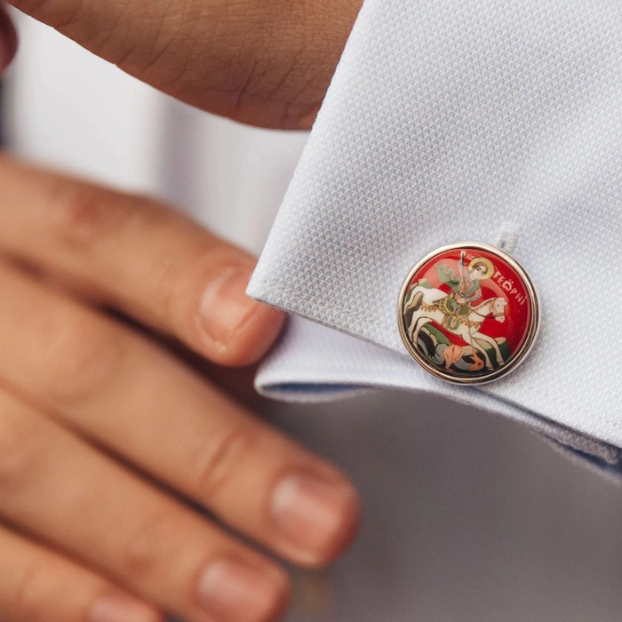 St. George cufflinks made of silver with papier-mache
