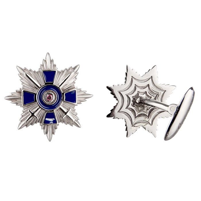 Star of Bravery cufflinks in white gold with ruby and enamel