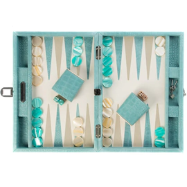 Exclusive backgammon set "Alain" made of leather, turquoise, small