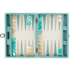 Exclusive backgammon set "Alain" made of leather, turquoise, small