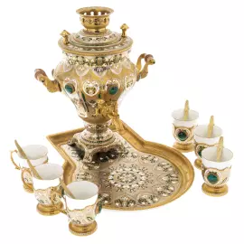 Чайный набор с самоваром на 6 персон, с малахитом, Златоуст