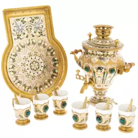 Чайный набор с самоваром на 6 персон, с малахитом, Златоуст
