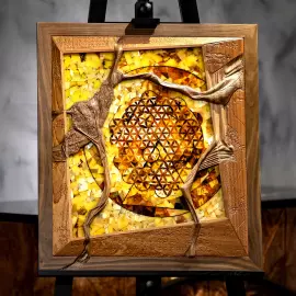 Walnut and amber panel "Flower of Life"