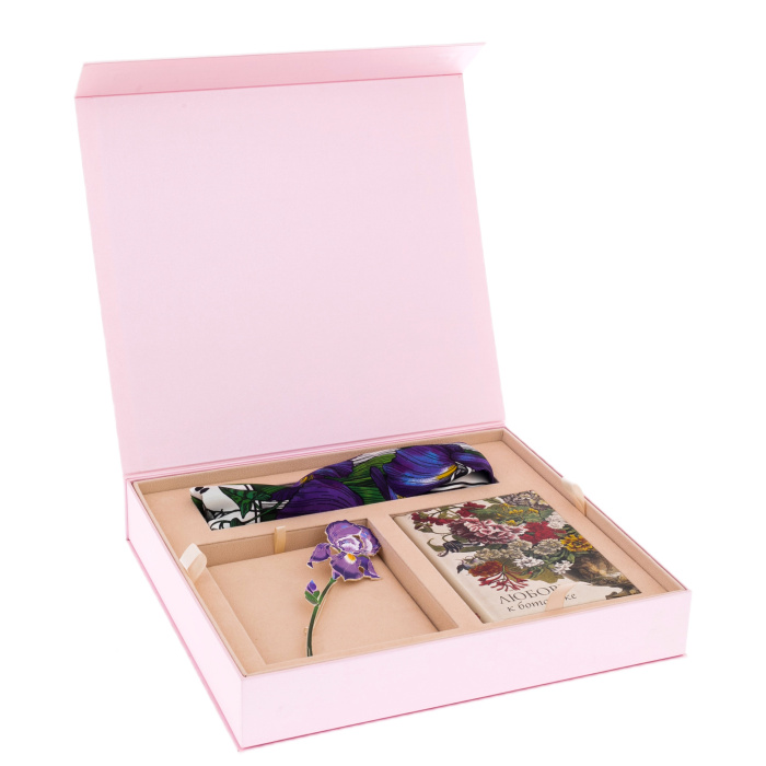 Gift set with a book, an Iris brooch and a silk handkerchief