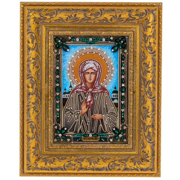 Icon with precious stones "Matrona of Moscow" with pearls, gilded