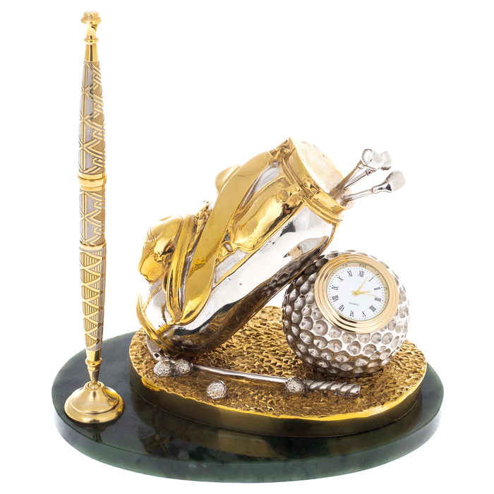 A pen holder with a watch "Golfer's Backpack" on a jade stand