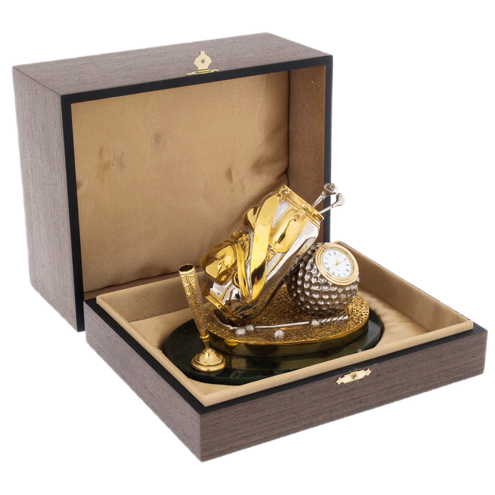 A pen holder with a watch "Golfer's Backpack" on a jade stand
