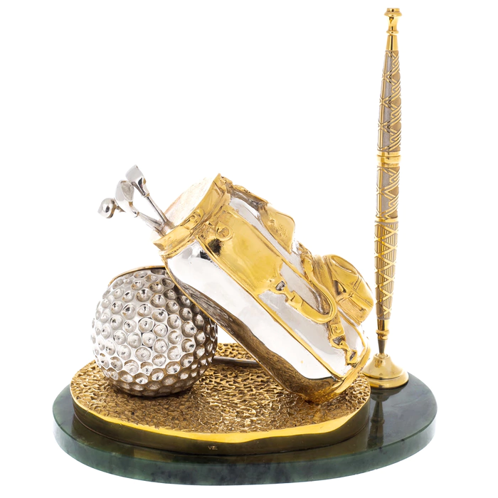 A pen holder with a watch "Golfer's Backpack" on a jade stand