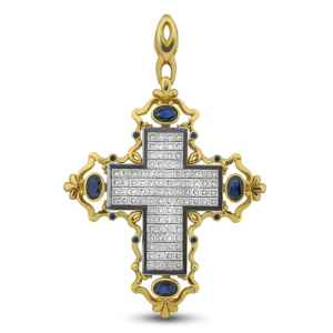 Crosses pendant in yellow gold with sapphires and diamonds
