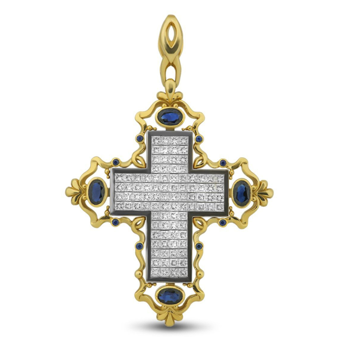 Crosses pendant in yellow gold with sapphires and diamonds