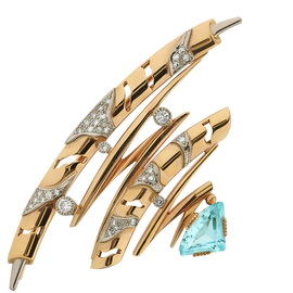 Gems brooch in red gold with topaz and diamonds