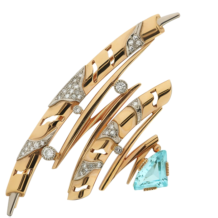 Gems brooch in red gold with topaz and diamonds
