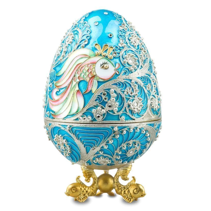 Egg-box "Goldfish" made of silver with jewelry glass