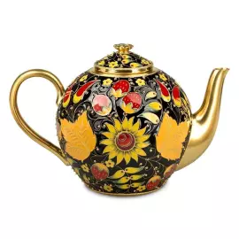 Серебряный чайник "Хохлома" с эмалью