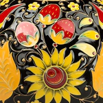 Серебряный чайник "Хохлома" с эмалью