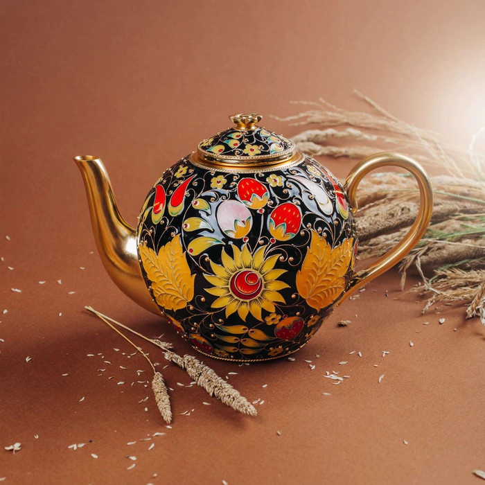 Khokhloma silver teapot with enamel
