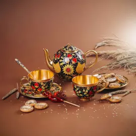 Серебряный чайник "Хохлома" с эмалью