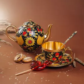 Серебряный чайник "Хохлома" с эмалью