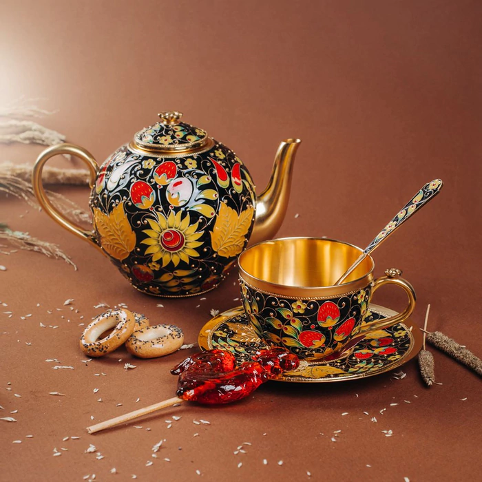 Khokhloma silver teapot with enamel