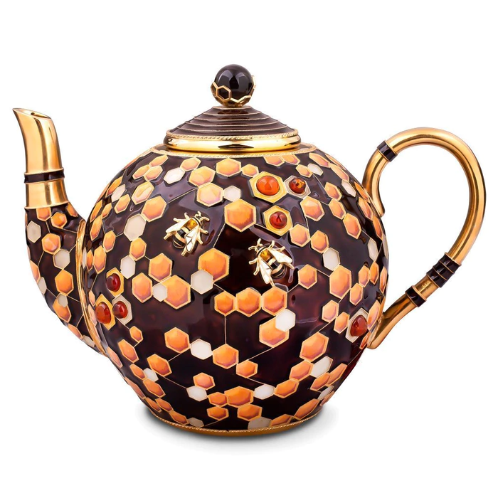 Silver teapot "Masterpieces of cloisonne enamel" with amber and morion