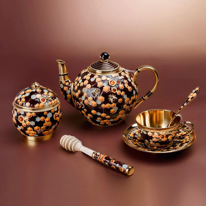 Silver teapot "Masterpieces of cloisonne enamel" with amber and morion