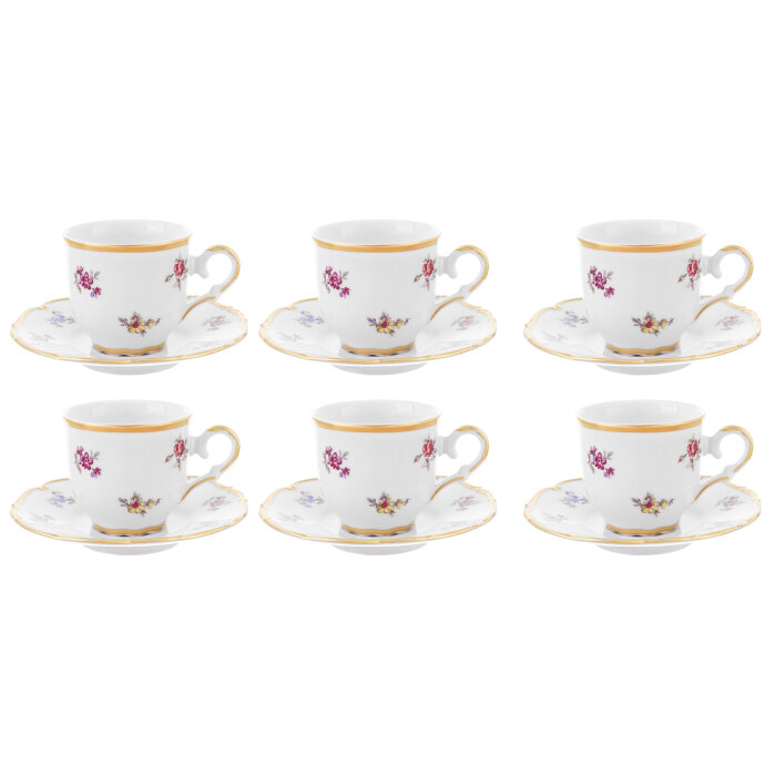 Set of Queen's Crown coffee pairs "Small flowers" for 6 people, mocha