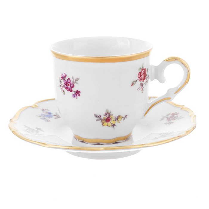 Set of Queen's Crown coffee pairs "Small flowers" for 6 people, mocha