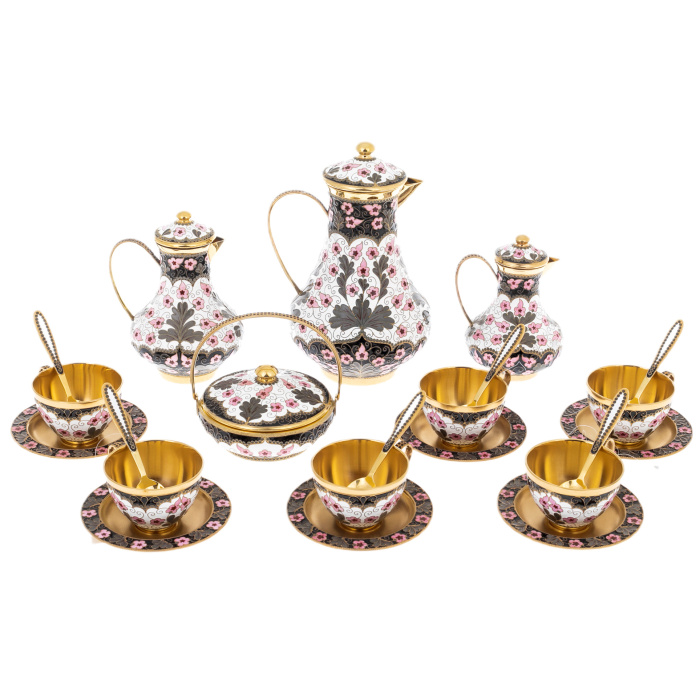 Silver coffee set "Morning in the garden" for 6 persons, with gilding and enamel