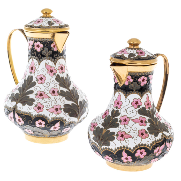 Silver coffee set "Morning in the garden" for 6 persons, with gilding and enamel