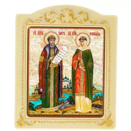 Икона с перламутром "Пётр и Феврония" в раме с орнаментом